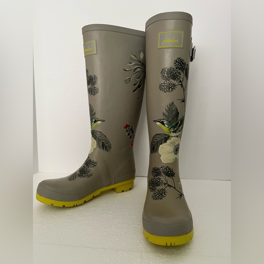 Joules Botanical Bird Tall Rain Boots Grey Yellow Wellies